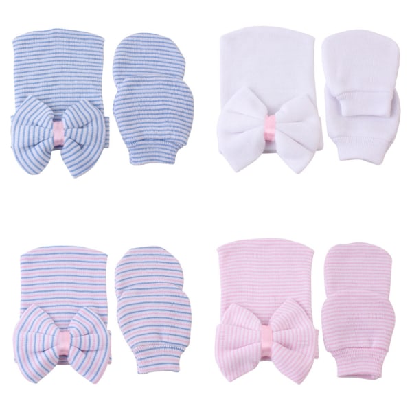 Barneklær høst og vinter baby stripete sløyfeformet lue 4 stk (Blå+hvit+rosa+striper)