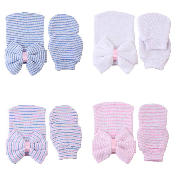 Barnkläder höst och vinter baby randig rosettformad hatt 4 st (Blå+vit+rosa+randig)