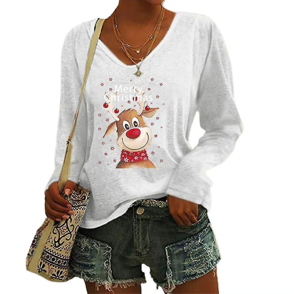 Women Xmas Elk Print V Neck T-shirt Christmas Leisure Long Sleeve Pullover TopsLWhite