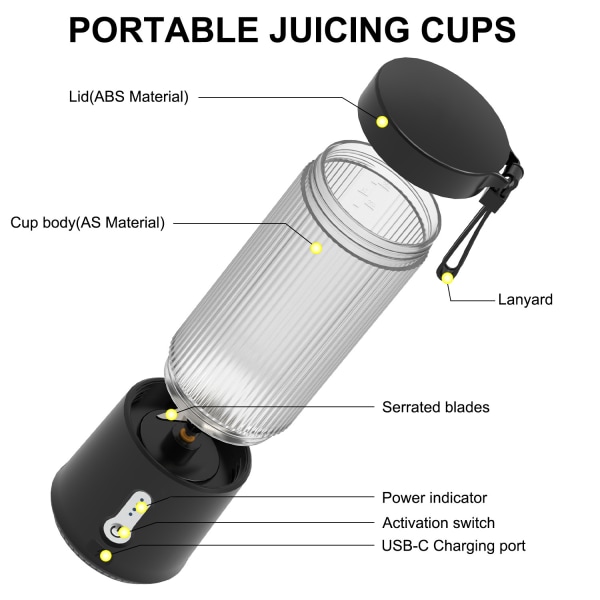 Bærbar personlig størrelse blender - 15.2Oz USB oppladbar 4000mAh mini blender | Shakes og smoothies med 6-blads juicerkopp
