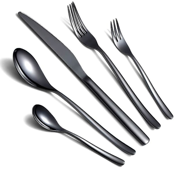 Sort Bestiksæt 5 Dele, Sort Bestiksæt Fremstillet Af Rustfrit Stål, Sort Titanbelægning, Bestiksæt Service Sæt (Sort Glans)