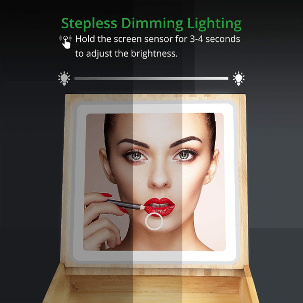 I 1 bambuupplyst sminkspegel med lampor och förvaring - skrivbordsspegel med 3 färglampor - Uppladdningsbar pekskärm Justerbar upplyst kosmetisk Mi
