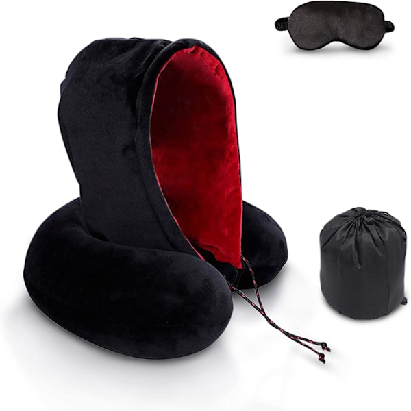 Bärbar Resekudde i Memory Foam med Högt Stöd och Huvtröja, U-formad Nackkudde för Flygplan 80_xrzi Sky blue