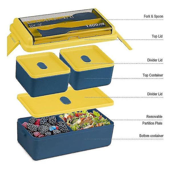 Bentobokssett, 1400 ml Bentoboks for voksne, 3 rom Bento lunsjboks, Matlagingsbeholder