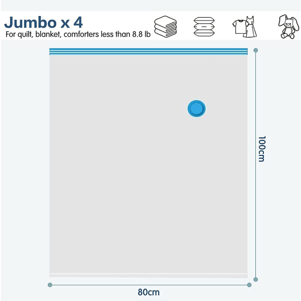 4 kpl XL-kokoisia tyhjiöpusseja tilaa säästämään (4 jumbo, 100 x 80 cm) vuodevaatteille, vaatteille, peittoille, huoville