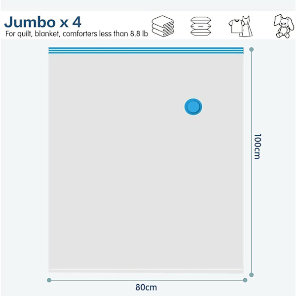 Sæt af 4 XL Vakuum Opbevaringsposer til at spare plads (4 Jumbo, 100 x 80) til sengetøj, tøj, dyner, tæpper