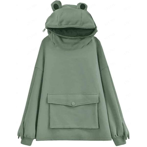 Women's/girl's Cute Frog Hoodie Pullover Zipper Mouth Hooded Sweatshirt With Large Front PocketLargeDark Green