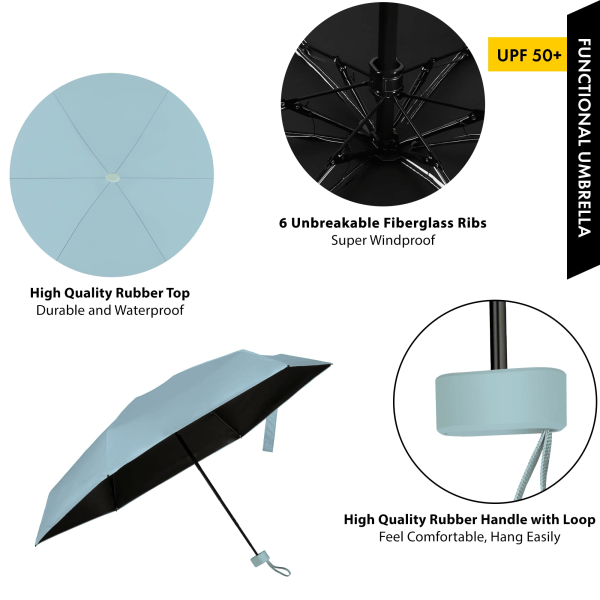 Minisateenvarjo matkustamiseen, pieni sateenvarjo kukkarolle, jossa on case aurinkoa ja sadetta varten, aurinkosateenvarjo UV-suojalla, kevyt ja kompakti