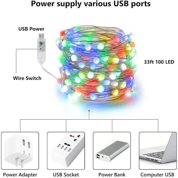 Indendørs USB Fe-lys 10m 100 LED Kobbertrådstrenglys Vandafvisende Multifarvet RGB Lys 11 Tilstande Med Fjernbetjening Dekoration Til Soveværelse Par