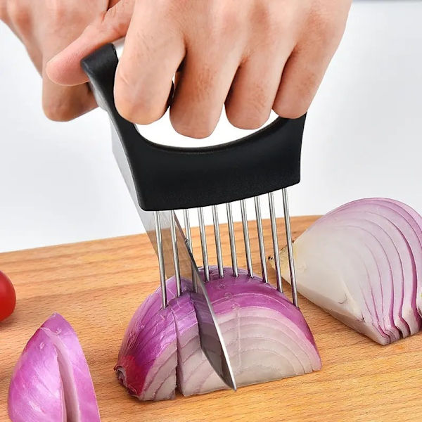 Rustfrit Stål Løgskærer, Kartoffelholder, Tomatskærer, Perfekt til Skæring af Grøntsager, Kartoffel, Citron, Skærer, Rustfrit