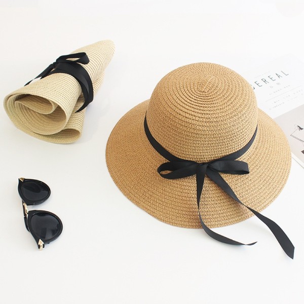 Piger strå-sol-hat sommer-strand floppy-hat - børn bred skygget rejse solskærmshat med sløjfe til piger 9 til 18 år 2 stk.