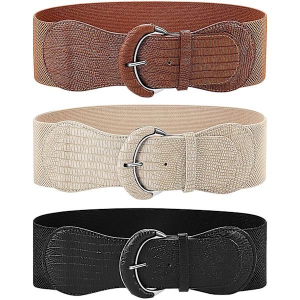 3 stycken breda dammidjeband Elastiskt spännbälte i läder Elastiskt bälte för damklänningsdekoration, svart, khaki, beige, One Size$3 stycken breda