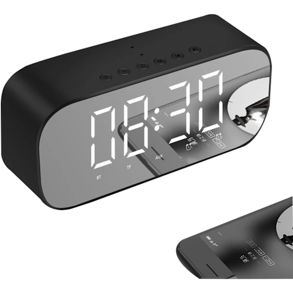 Stereo Trådlös Bluetooth 5.0 Högtalare Bärbar Inbyggd Mikrofon Väckarklocka Perfekt för Resor, Spegelskärm (Svart)