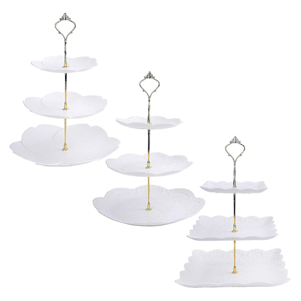 3-pack 3-vånings Vit Cupcake Stativ Dessertplatta Hållare Våningsbricka
