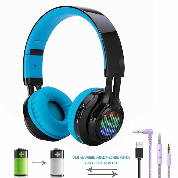 Bluetooth-hodetelefoner lyser opp, sammenleggbare stereo-trådløse hodesett med mikrofon og volumkontroll for pc/mobiltelefoner/tv/ipadblå Blue