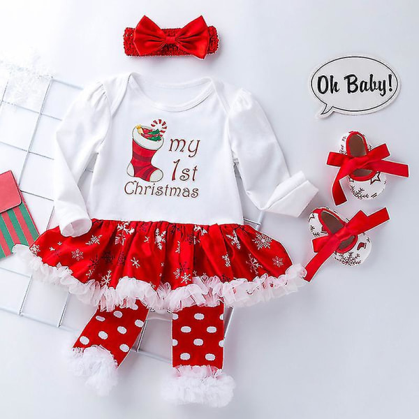 4 stk./sæt Nyfødt Baby Pige Julekjole Outfit Hårbånd Benvarmere Sko Sæt M 3-6 Måneder Juleelg Christmas Elk M 3-6 Months