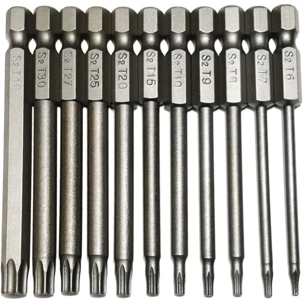 Sikkerhed Torx Bit 11 Dele 1/4 Tomme Hex Skaft 3 Tommer Længde S2 Stål Torx Hoved Skruetrækker Bor Sæt (11stk 75mm Torx Hoved)