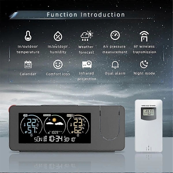 ZX3538 Nyt elektronisk projektionsur vejrstation vejrudsigt temperatur og luftfugtighed Di8-