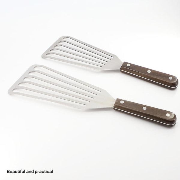 Fiskespade, Slidsgaffel i rustfrit stål, Robust nittet håndtag, Tåler opvaskemaskine, Køkkenmetalskede til vending, stegning og grillning (2 stk., Mu