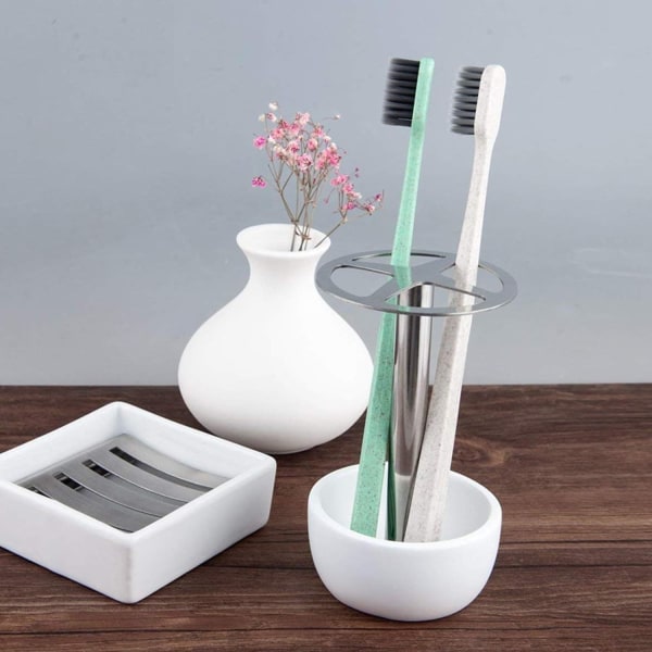 Tannbørsteholderstativ, multifunksjonell tannbørsteholder for benkeplate for baderom, oppdelt i rustfritt stål, stilig design