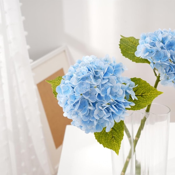 Real Touch Silke Hortensia Blomster, 2 Store Lange Stilk Kunstige Blomster for Blomsteroppsatser (Himmelsblå)