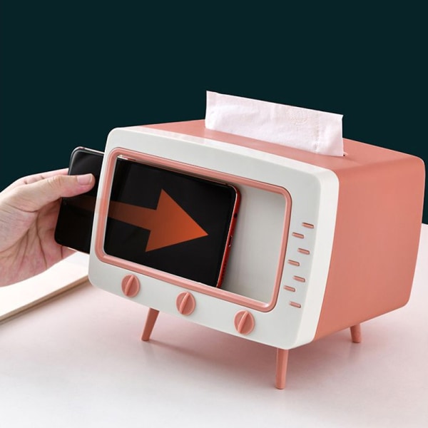 Söpö luova TV-muotoinen pehmopaperirasia-annostelija säilytyspaperipidike puhelintelineellä vaaleanpunainen