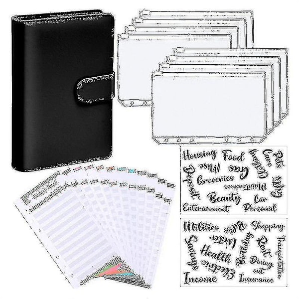 A6 Binder Budget Planner Notesbogsmapper Mappe Størrelse 6 Hull Lommer Plastik Lynlås Pengebesparende Konvolut Sort Black