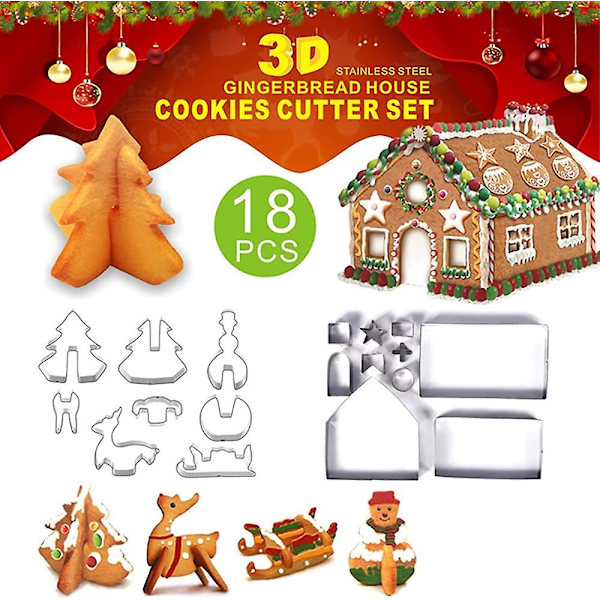 18 kpl Piparkakkutalon Leivontamuotti Joulu Terästä 3D Kolmiulotteinen Keksimuotti DIY Korkea Leivontamuotti Lahjapakkauksessa