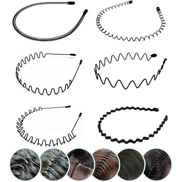 6 stykker elastisk bølget forårsbølge-hårbånd, sort skridsikker metal-hårbøjle i flere stile, unisex-sportsmode-hårbåndstilbehør til kvinder og mænd