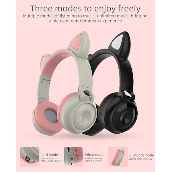 Bluetooth 5.0 Katt Blinkende Hodetelefoner Med Mikrofon God Kompatibilitet, Støydemping, Tre Moduser, 360mah Kapasitet, 15m Transmisjon Grå Rosa Grey Pink