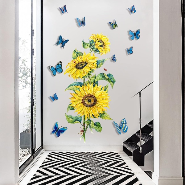 Sunflowers Wall Decals with  Butterfly Wall Stickers, Flying Blue  Butterflies Yellow Flowers Wall Stickers, Removable DIY Art Dec