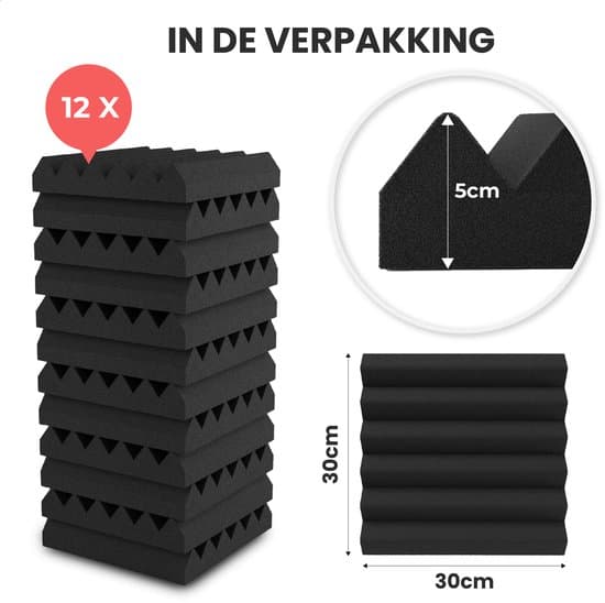 Akustiske skumpaneler 12-pak selvklæbende 30x30x5cm lydabsorberende studioskumvægpaneler til studiekontor hjemmebiograf, sort