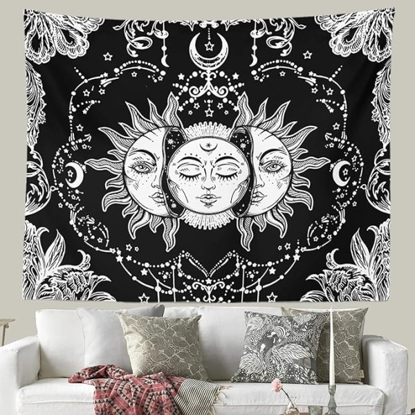 Sol och måne gobeläng, svarta och vita gobelänger Mystic Burning Sun med stjärnvägg hängande dekor för sovrum (59" B x 51" L)