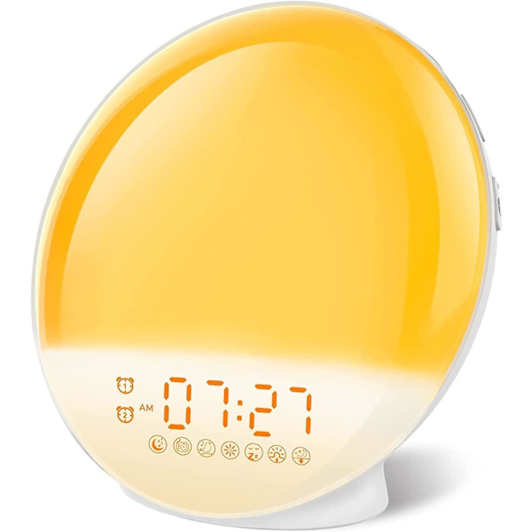 Børnevækkeur med Solopgang & Solnedgang Simulering, Lys Vækkeur Radio med 2 Alarmer, Snooze, 7 Naturlige Lyde, FM Radio, Atmosfærisk Lampe med 7