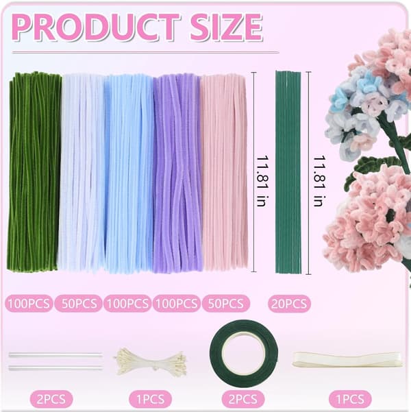 DIY Blomsterhåndværkssæt, 400 Chenille Stængler Med Blomstertråd, Tape, Bånd Og Limstifter Til Børn Og Voksne, 5 Farver