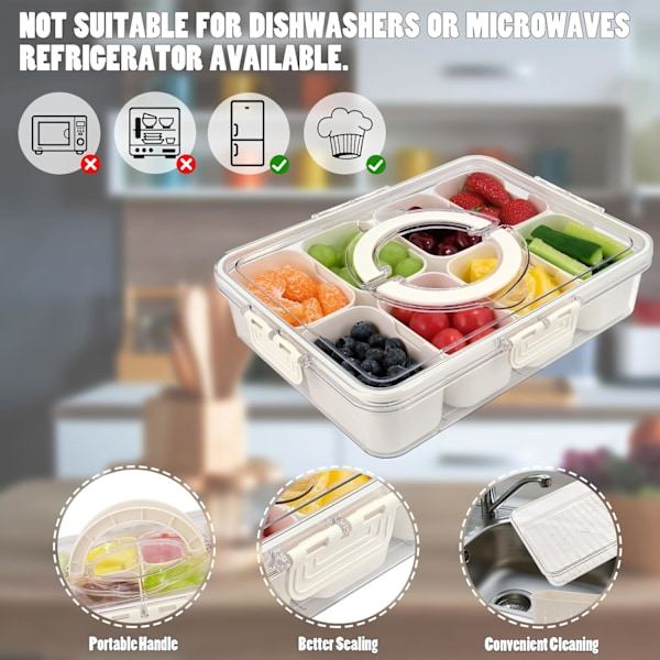 RIYI Snackle Box Container - 8-Compartment Serving Tray with Lid and Handle - Portable - for Veggie and Charcuterie Boxes