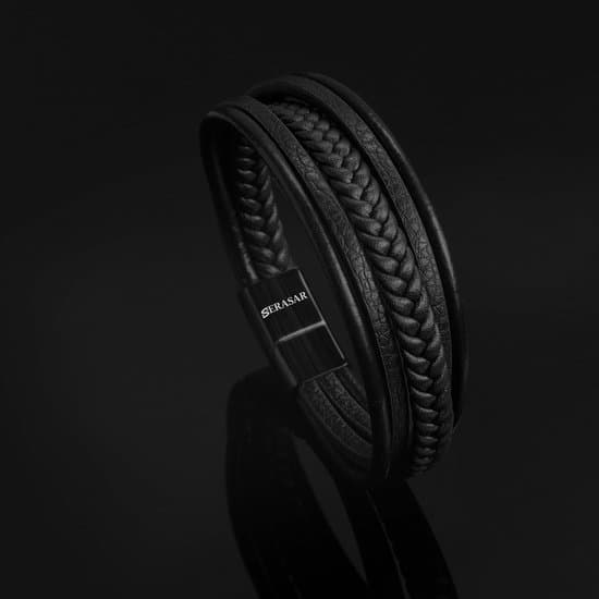 SERASAR Flettet læderarmbånd til mænd, ægte læder-manchetarmbånd med magnetisk lås i rustfrit stål, sort 23 cm, gave til ham