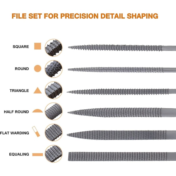 Set med 6 tränålsfilar och raspning med mjukt gummerat handtag i olika former och storlekar för snidning på trä, glas, metall och sten