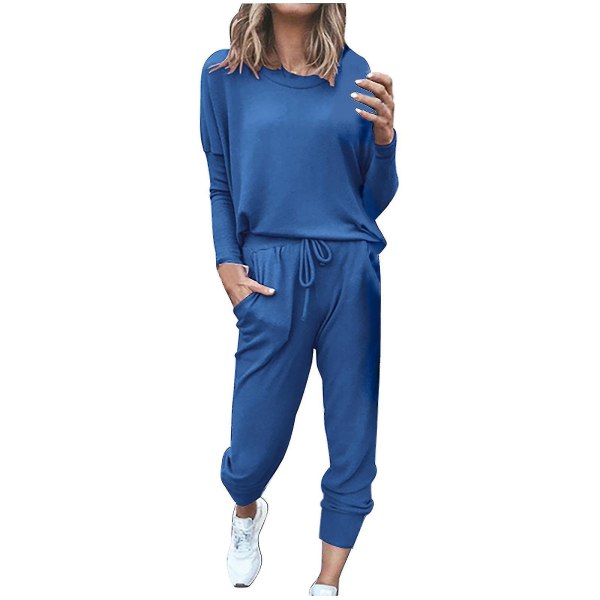 Dam Lösa Tvådelade Set Solid Långärmad Topp Väst Casual Byxor SweatsuitMBlue Blue M