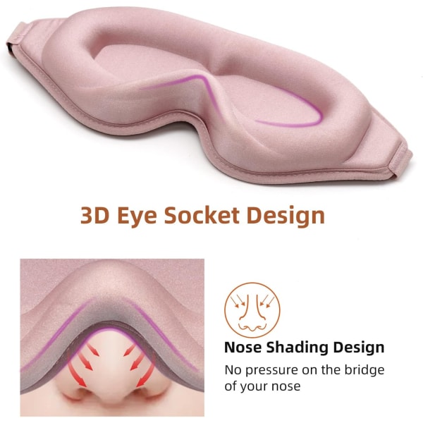 3D Contoured Sleep Mask til Kvinder Mænd, Effektiv Lysblokerende Øjenmaske Soveblødt Nat Blindfold med Justerbar Strap (Pink)
