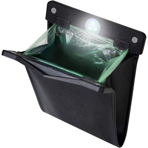 LED-bilavfallsbeholder Vanntett søppelpose på passasjersiden Oppbevaringslomme i kunstskinn lekkasjesikker Gjenbrukbar (svart-1 pakke)