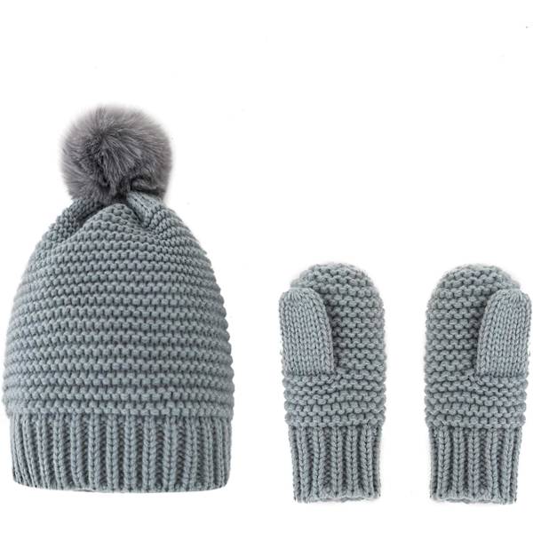 Toddler Baby Hatt & Vantar Set Vinter Varm Stickad Hatt Pom Pom Beanie för Pojkar Flickor 1 Hatt + 1 Par Vantar (Grå)