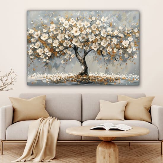 Guldträd Canvas Väggkonst Vita Blommor Abstrakt Målning Tryck Inramad Väggdekor för Vardagsrum Sovrum Kontor 120x80cm