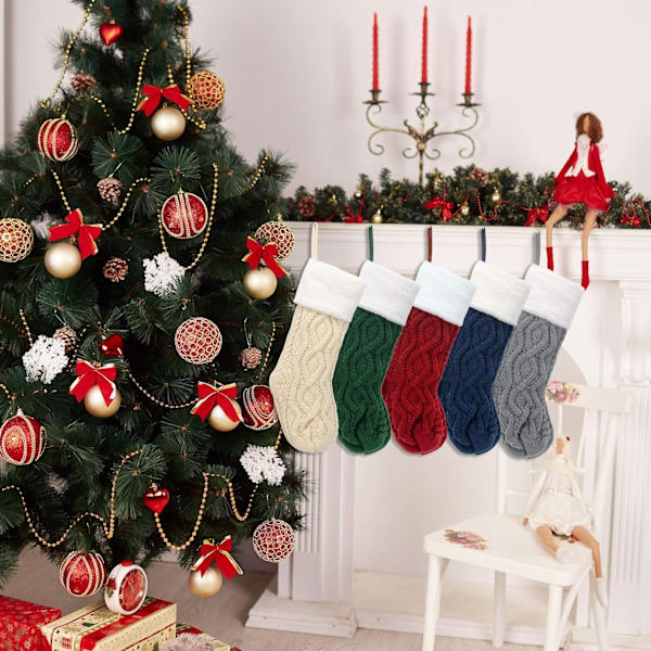 Julklappsstrumpor 5-pack 16 tum Kabelvirkad Klassiska Unika Julstrumpor för Familjens Dekoration Hängande Ornament för Julhelgen