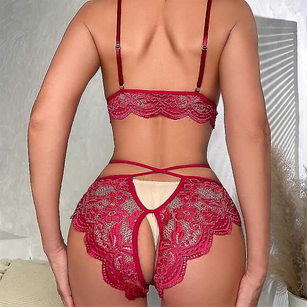 Sexig Kvinna Blommig Spets V-ringad BH Toppar + Crotchless Trosor Lingerie Set Underkläder Nattkläder S