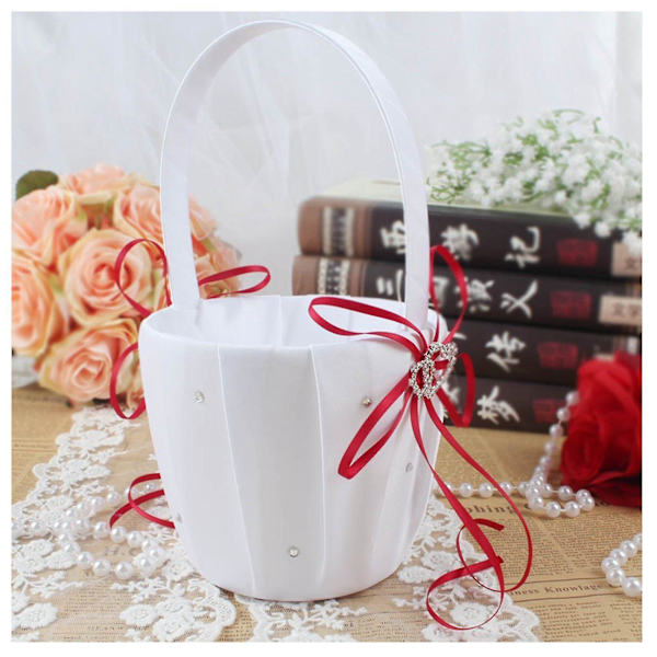 4x Dobbel Hjerte Bryllups Blomsterpikekurv Hvit Satin Rhinestone Dekor Rød Bryllups Seremoni Fest