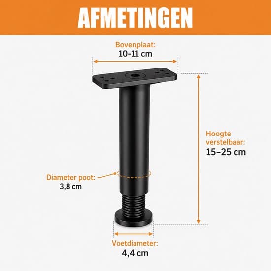 Justerbare Møbelben Sæt med 4, 15-25 cm Sorte ABS Erstatningsfødder med Skruer til Seng Sofa Skab Bord Boxmadras DIY Møbler