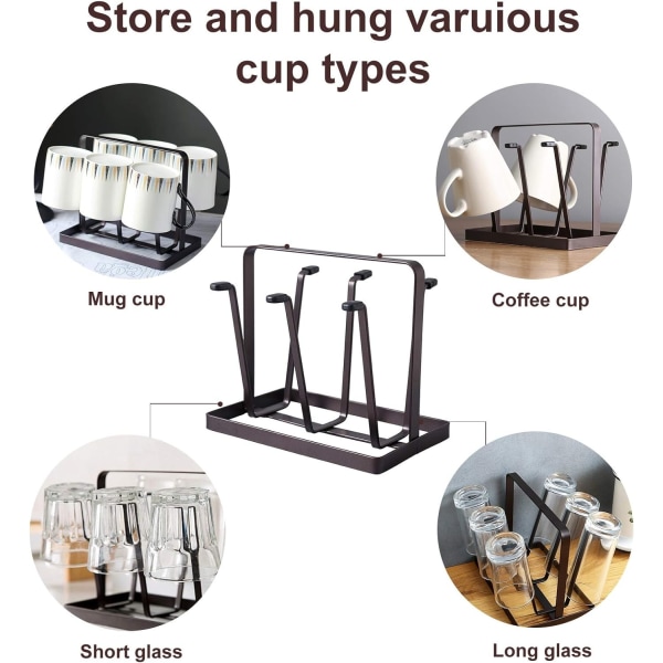 Krusstativ for tørking av kopper, Mugg-organisator, Metallisk flaskeholder med 6 kroker, Sklisikker mugg-holder med håndtak, Dryppbrett for servise, Vann