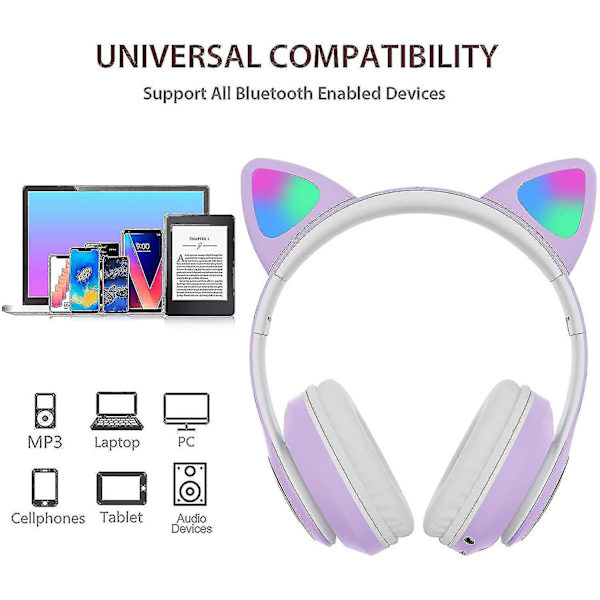 Brettbare Over-Ear Kattøre Bluetooth Trådløse Hodetelefoner med Mikrofon, Justerbar Stereopurpur