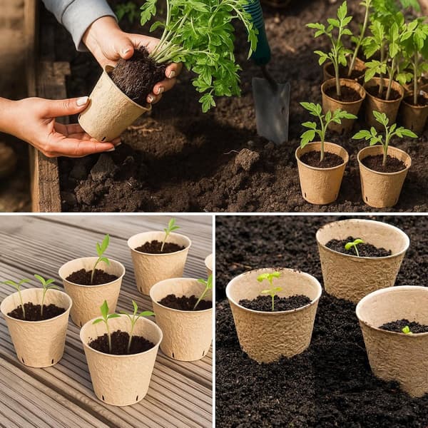 Frøstartpotter, 100 bionedbrydelige papirmassepotter, drænhuller, 100 PVC-plantemærker, til blomster, urter og grøntsager, 8 cm